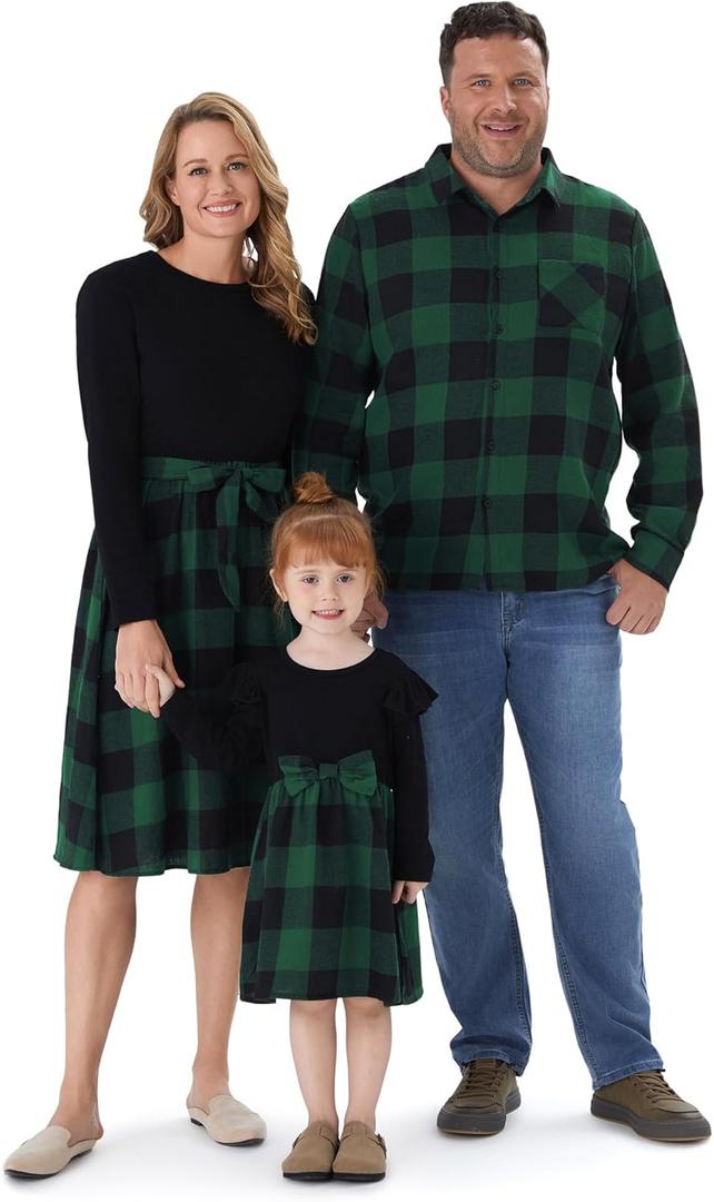 PATPAT Family Matching Outfits Mommy and Me Dresses Matching Set Long Sleeve Plaid Midi Dress and Casual Button Down Shirts (3-4T, Green)