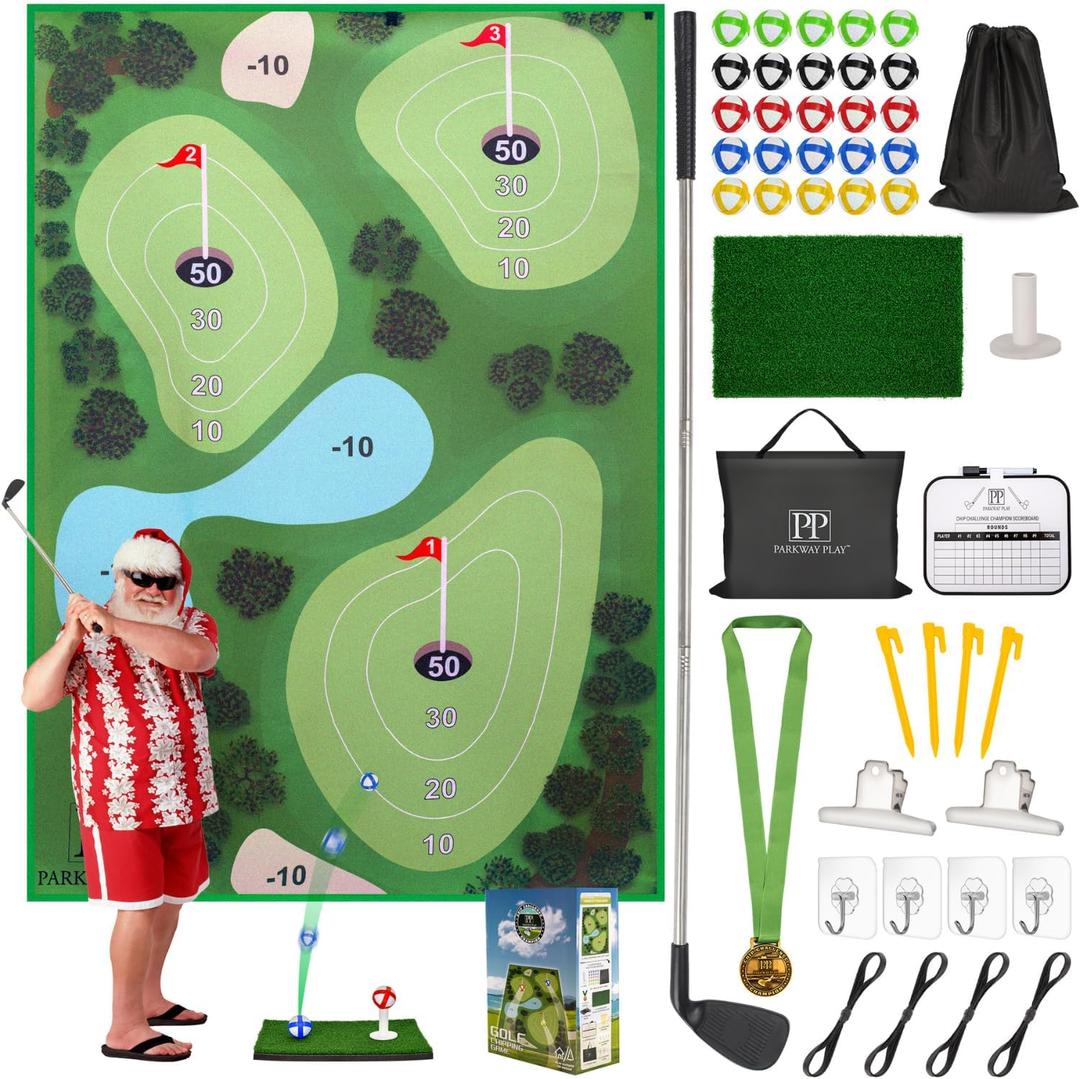 Golf Chipping Mat with Adjustable Club - 48 Piece Outdoor Indoor Game for 1-5 Players - Giant Turf Hitting Mat with Tee, 25 Sticky Balls, Travel Bag for All Ages