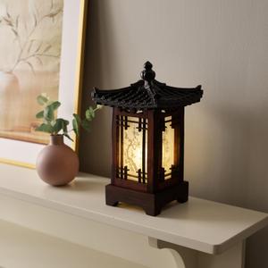 Traditional Korean Wood Lamp | Handmade Asian Oriental Table Lantern | Bedside Bedroom Accent Light | Unique Gift Idea | Pagoda Design (Brown) (House)