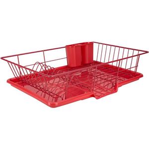 Dish Drying Rack (Red) | By Home Basics | Dish Drainers For Kitchen Counter | With Sloping Tray and Utensil Holder | Big Dish Drying Rack