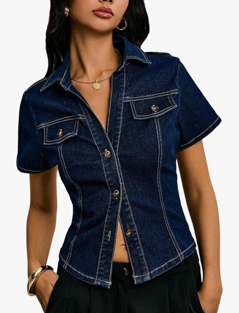Women's Button Down Denim Blouse Short Sleeve Collared Fitted Jean Jacket Y2K Going Out Top Blue Large