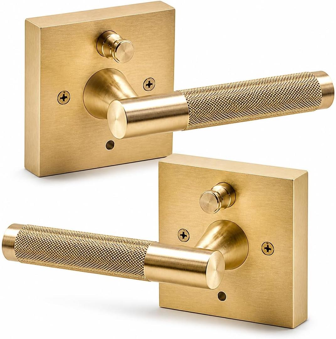 Premium Polished Gold Door Handles for 1 3/8" - 2" Compatible Doors  Soft Gold Handles Interior with Lock - Easy Installation, Reversible, Button Lock (Privacy Lock)- Designed by Architects
