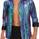 Zando Mens Disco Shirt Outfit Retro 70s Shirts for Men Sequin Glitter Long Sleeve Button Down Disco Outfits Party Costume (L)