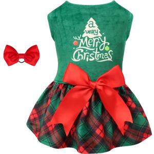CuteBone Christmas Tree Dog Dress Velvet for Small Dogs Girl Puppy Dresses Green Plaid Dog Clothes CVA05M-D, S