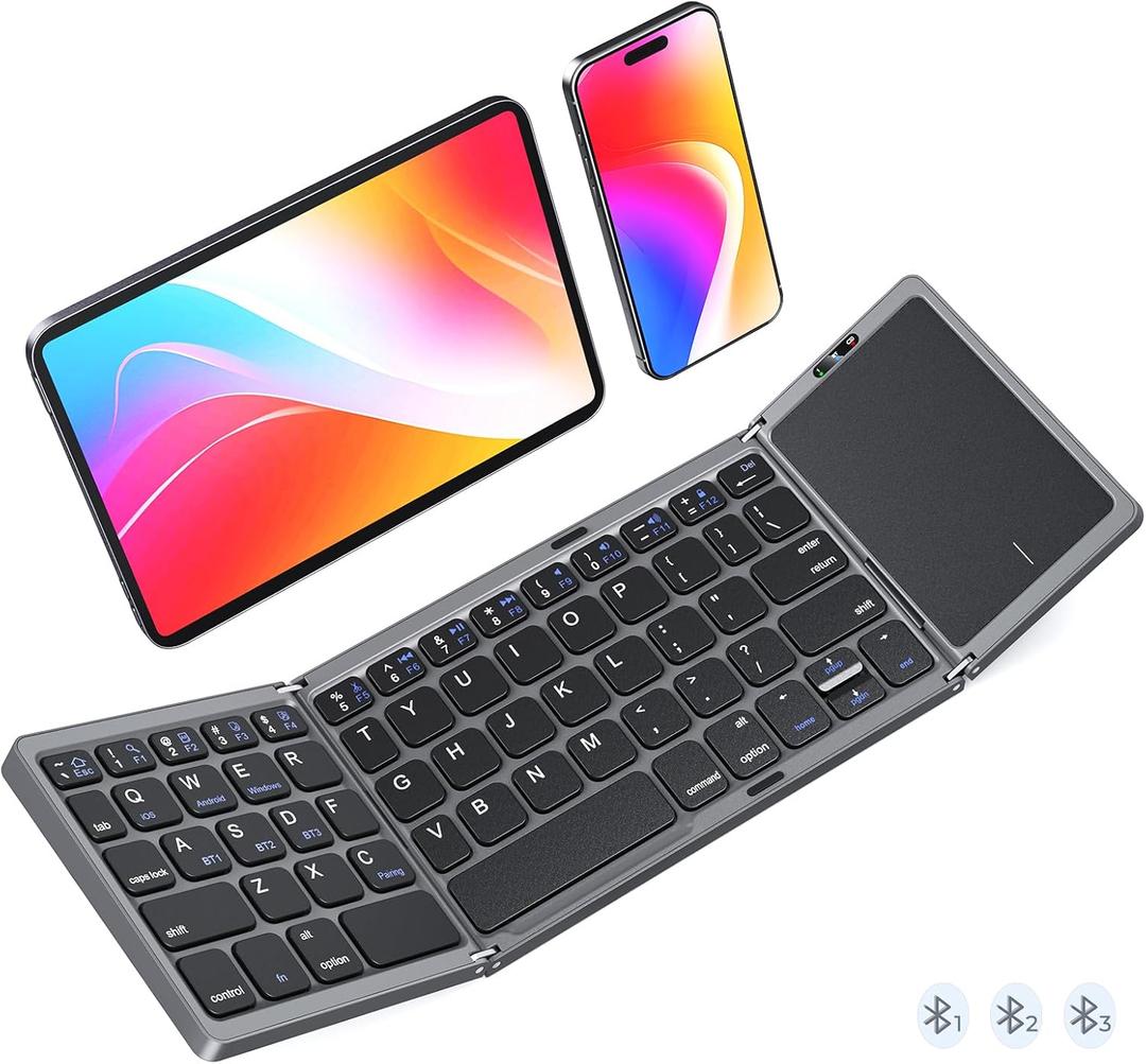 MEETION Foldable Keyboard with Touchpad, Bluetooth Wireless Portable Keyboard, Rechargeable Ultra Slim Pocket Folding Keyboards, Full Size Keys, Travel for iOS Android Windows Laptop PC Tablet (Black)