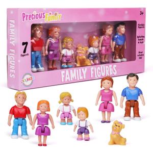 Playkidz Family Figures - Set of 7 Small Toy People for Dollhouse Play, Includes Parents, Sibling, and Pet - Doll House Accessories for Children
