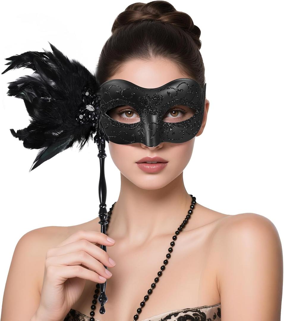 BEARAE Masquerade Mask for Women with Stick, Feather Venetian Masks, Costume Mask for Mardi Gras Gatsby Party Decoration (Black)