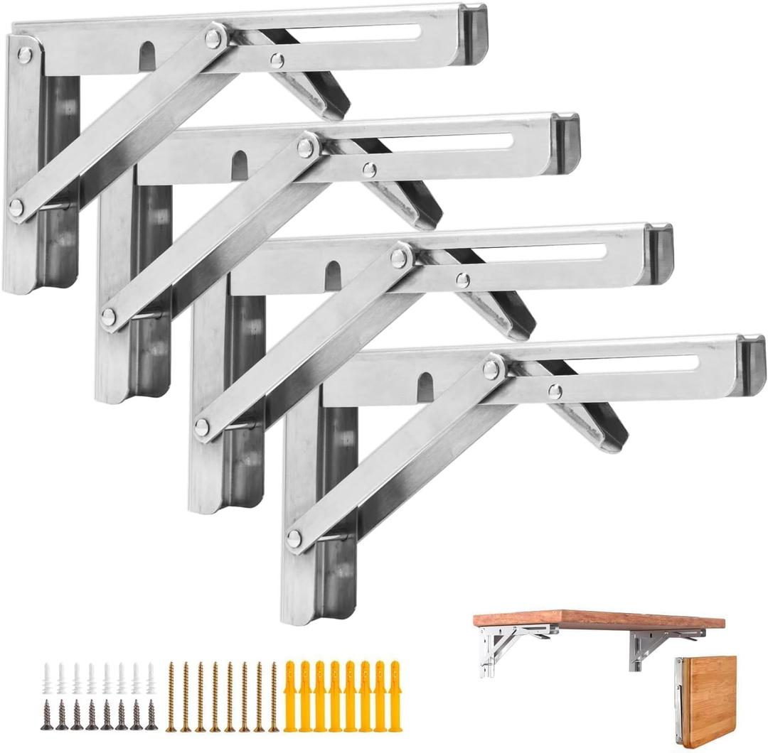 4PCS 14" Folding Shelf Brackets, Shelf Brackets Max. Load 220 lb Collapsible Heavy Duty Stainless Steel DIY Wall Mounted Shelf Bracket Space Saving for Work Table Bench(Silver /14In /4pcs)