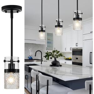 Glass Pendant Light Kitchen Island Black Modern Pendant Light Fixture with Water Ripple Glass 1-Light Mini Hanging Lights for Bathroom Kitchen Sink Bedroom, 3 Pack