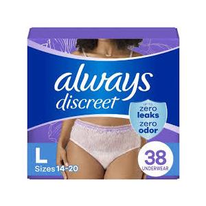 Always Discreet Adult Diapers for Women, Incontinence Underwear, Postpartum Essentials, Disposable Briefs, Max Absorbency, Bladder Leak Protection, Large, 38 ct