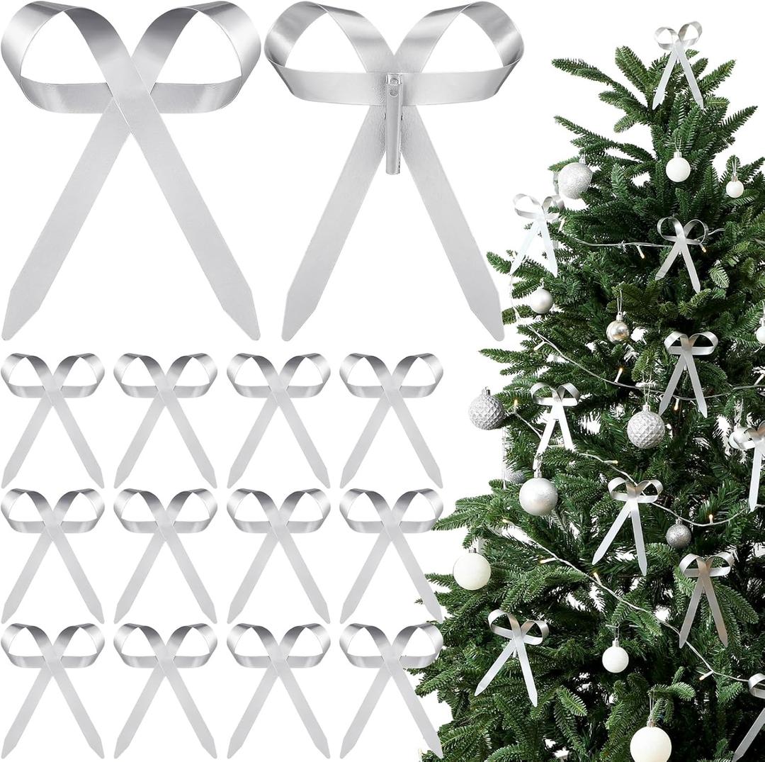 12 Pcs Silver Metal Christmas Bow Ornaments for Christmas Tree Garland Wreath Bulk Bow with Clip Ornament Vintage Indoor Outdoor Home Xmas Party Decorations, 4 x 5 Inches