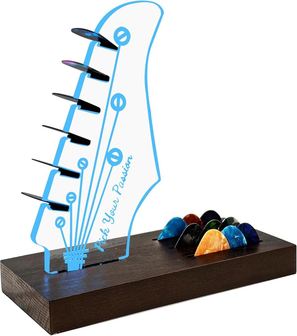 NZNDB Light Up Guitar Pick Holder, Wooden Guitar Pick Holder for Picks Storage and Display, Music Gift for Men Guitar Music Lovers Players Guitarist, Guitar Accessories