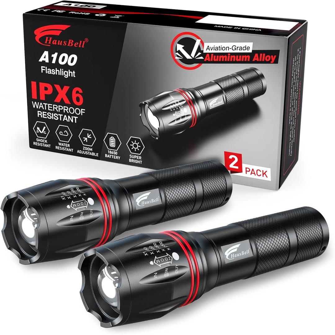 HAUSBELL A100 LED EDC Flashlights High Lumens,Bright, Zoomable, Waterproof, Powerful, Emergency Tactical LED Flashlights for Home and 5 Modes, Flashlight for Camping GearHikingWalking2Pack