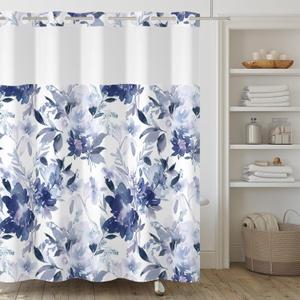 No Hook Shower Curtain,Blue Purple Flower Double-Layered Shower Curtain with Snap-in Liner and Weights,Blue Purple Floral Blooming Fabric Bath Curtain with See Through Mesh, 71x74in