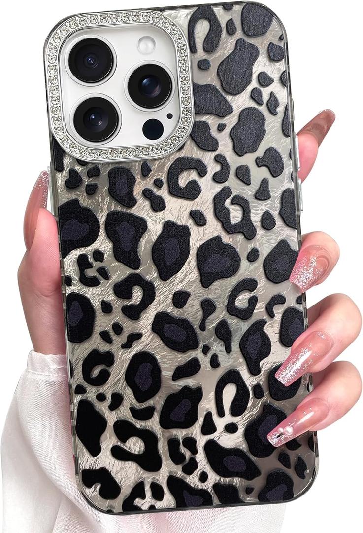 KANGHAR Case for iPhone 15 Pro Leopard Printed Pattern Cute Cheetah Phone Case Clear Bumper Hard Back Shockproof Protective Diamond Glittter Camera Lens Cover for iPhone 15 Pro Black