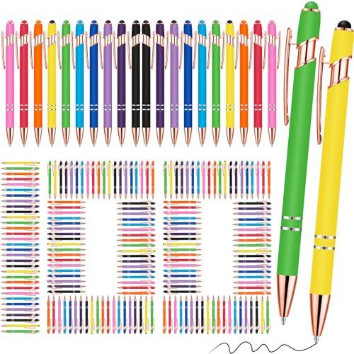 Yeaqee 100 Pieces Ballpoint Pen with Stylus Tip Click, 2 in 1 Black Ink, 1.0 mm Medium Point Stylus Metal Pen for Touch Screen Tablet (Bright Colors)