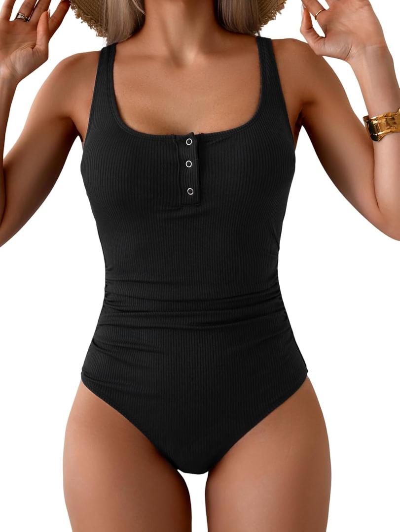 B2prity One Piece Swimsuit for Women Tummy Control Ruched Slimming Bathing Suit Button Full Coverage Swimwear (Large, Black(ribbed))