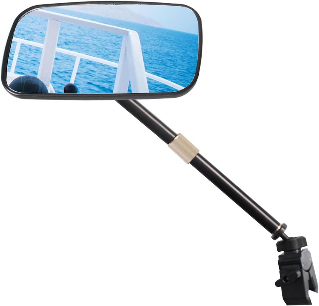 Pontoon Boat Rear View Mirror with Telescoping Pole, 5.3 x 9 360 Wide Angle Adjustable Convex, Marine Rear View Mirror for Pontoon Boat Ski Boats Water Skiing, Easy Clamp on Rail