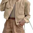 ANRABESS Womens Bomber Jacket Button Cropped Casual Varsity Jackets Shackets Fall Trendy Fashion Travel Outfits with Pockets Beige L