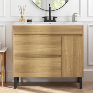 YITAHOME 36 Inch Bathroom Vanity with Sink, Bathroom Cabinet Vanity for Media Space, Freestanding Storage Bathroom Vanity with 1 Soft Closing Cabinet & 2 Drawers (Natural Brown)