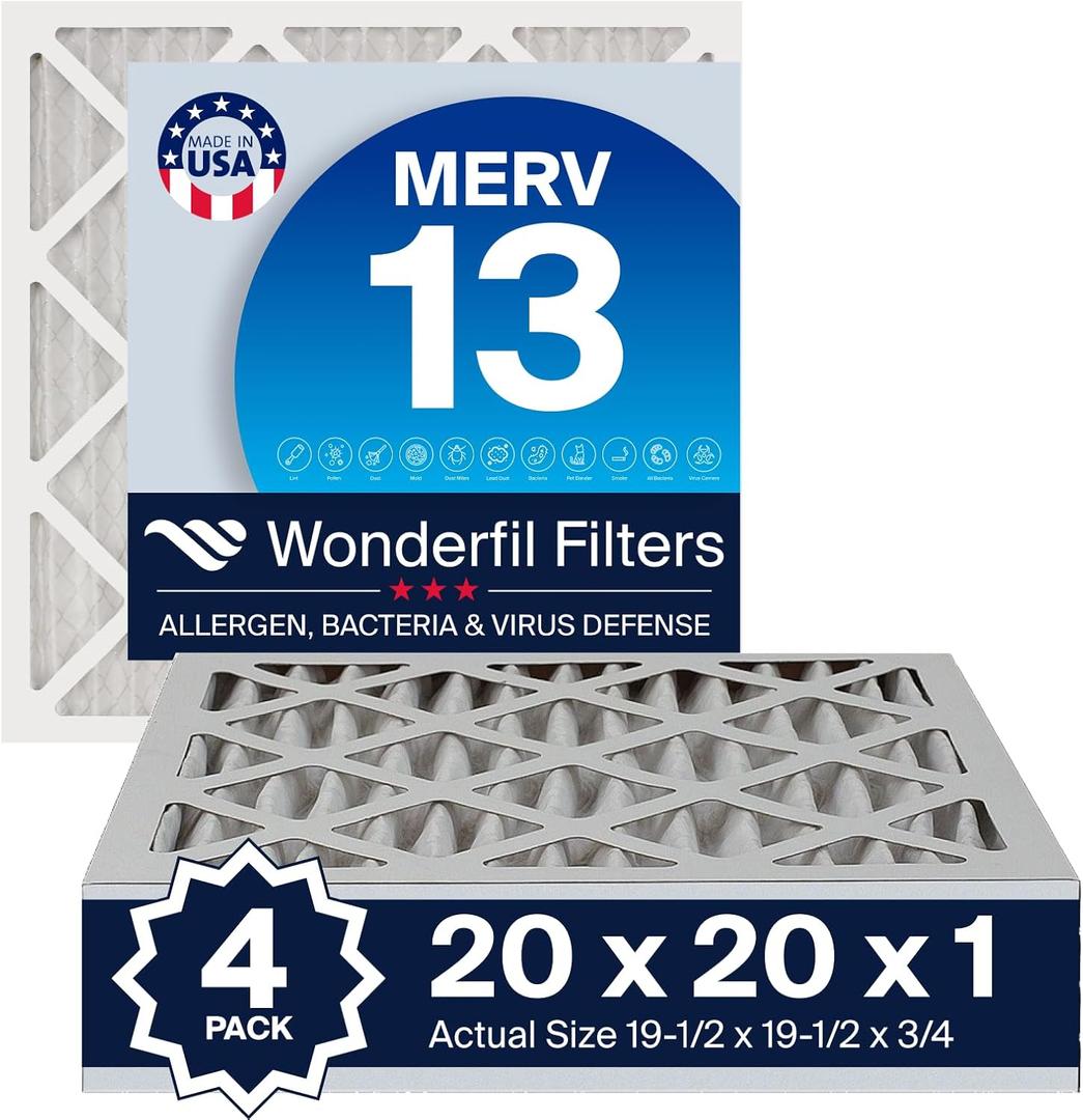 20x20x1 MERV 13 Air Filter (4-Pack) | Wonderfil Filters | Pleated HVAC Design | Perfect Fit for AC & Furnace Systems | Actual Size: 19.5" x 19.5" x 0.75"
