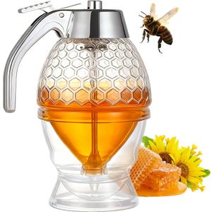 Honey Dispenser - Honey Dispenser No Drip, 8 oz Pot with Stand, Maple Syrup Container, Elegant Honeycomb Shaped Jar for Tea Time