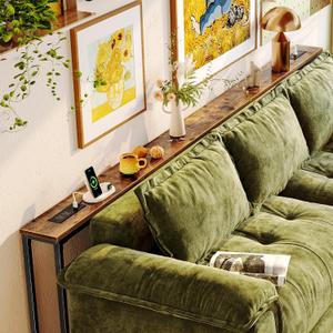 Huuger 102.4 Inch Behind Couch Table with 2 Power Outlets and USB-C Ports, Extra Long Narrow Sofa Table for Sectional Sofa, Skinny Console Table with Anti-Bump Pads, for Living Room, Rustic Brown, 102.3 "W