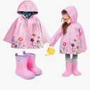 2 Pcs Toddler Raincoat Rain Boots Set Kids Baby Cartoon Hoodie Zipper Jacket Short Rain Shoes for Little Boys Girls Size 110