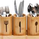 Lyellfe Silverware Holder, Bamboo Utensil Organizer with Tray, Kitchen Cutlery Flatware Holder Organizer for Spoons, Knives and Forks, Ideal for Kitchen and Restaurant