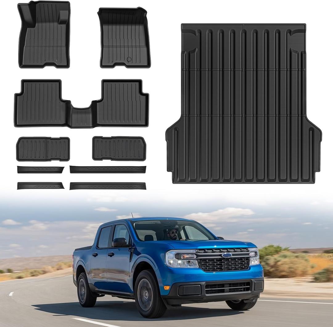 Floor Mats Bed Liner for Ford Maverick 2022-2024 2025 Gas Model, All Weather TPE Mat for Maverick Accessories (Bed Liner+Floor Mats+Under Seat Storage Mats+Door Sill Protectors)