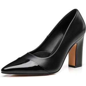 Trary Heels for Women Closed Pointed Toe Chunky Pumps Shoes Women Block High Heels Comfortable Slip-On Dress Office Party Wedding Shoes 3.54" Heel (Size 8, Black)