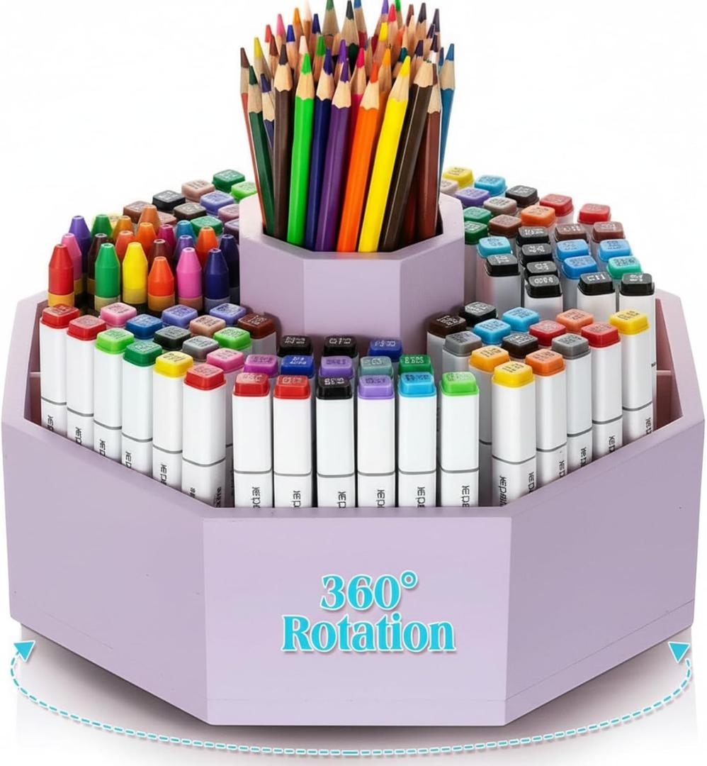 Bamboo Rotating Pencil Holder Marker Organizer Art Supply 360 Rotating Pastel Pen Organizer Gifts for Desktop Storage Caddy, Crayon, Marker, Pencil(Light Purple)