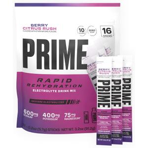 PRIME Rapid Rehydration Electrolyte Powder Sticks, Berry Citrus Rush, Sugar Free Hydration Drink Mix with Sodium, Potassium, Magnesium & B Vitamins to Replenish Fluids, Caffeine Free, 16 Count, BBD 07/27