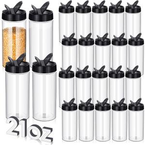 Zhehao 24 Pieces Plastic Spice Containers Plastic Spice Bottles Clear Reusable Large Empty Seasoning Jars with Shaker Lids for Kitchen Storage Seasoning Powder Herbs (21 oz, Cylinder, Clear and Black)