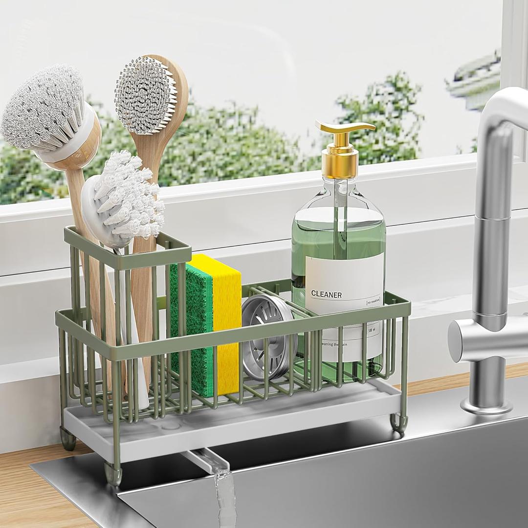 Cisily Sponge Holder for Kitchen Sink, Sink Caddy Organizer with High Brush Holder, Kitchen Countertop Organizers and Storage Essentials, Rustproof 304 Stainless Steel (Sage Green, 9.25)