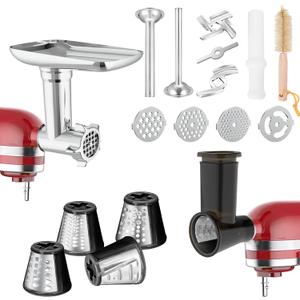 Meat Grinder & Slicer Shredder Attachments for KitchenAid Stand Mixer, Meat Grinder with 2 Size Sausage Stuffer Tubesand and 4 Types Slicer Shredder Combination Set for Mincing Meat/Chopping Food