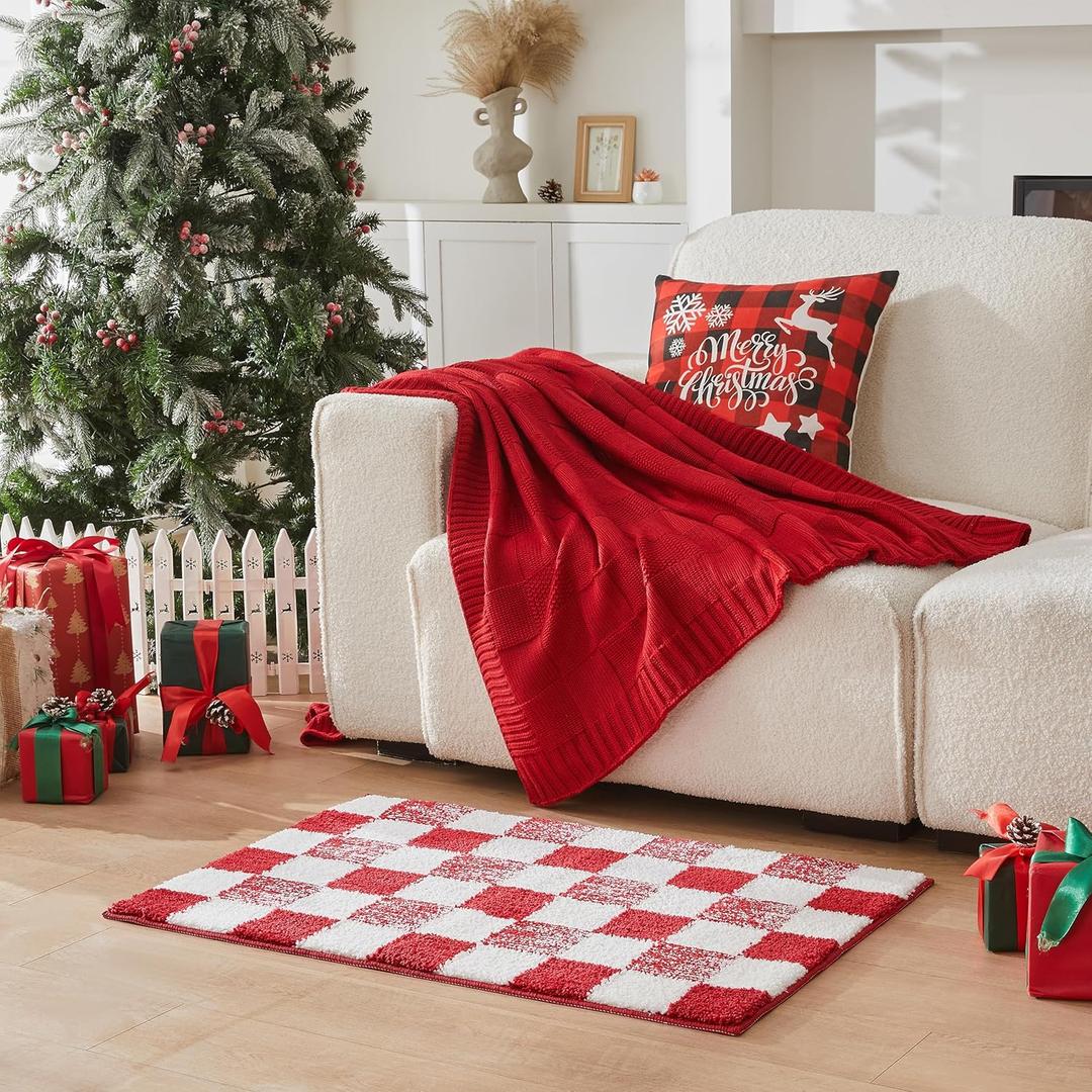 CozeCube Bath mats for Bathroom Non Slip, Fluffy Absorbent Microfiber Bath mat Washable, Aesthetic Bathroom Rugs, Large Christmas Red Checkered Bath mat, Christmas Red, 36" x 24"