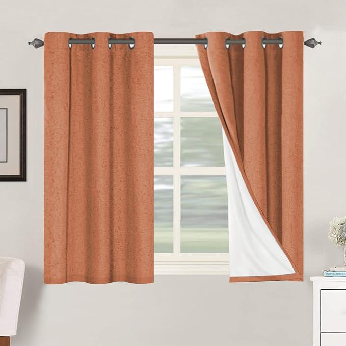 H.VERSAILTEX Primitive Linen Curtains 100% Blackout Curtain Drapes Burlap Fabric Curtains with White Thermal Insulated Liner, Grommet Top Drapes Living Room/Bedroom (2 Panels, 42 x 45 Inch, orange)