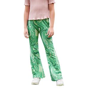 WDIRARA Girl's Printed High Waist Flare Leg Ribbed Knit Elastic Waist Casual Long Pants Green 8Y