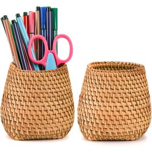 Hacaroa Set of 2 Rattan Pencil Holder for Desk, Handmade Wicker Pen Cup Cute Boho Desk Organizer, Woven Makeup Brush Holder Utensil Container for Home, Office Table Decor