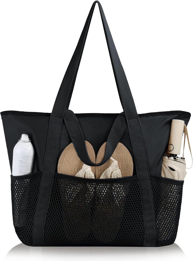 HOMESPON Beach Bag Large Waterproof Sandproof Foldable Tote for Women with Zipper Mesh Pockets for Pool Swim Travel Everyday (Black)
