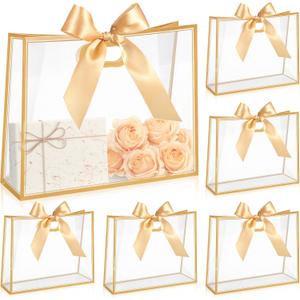 Aliceset 12 Pcs Clear Plastic Gift Bags with Die Cut Handles Reusable Party Favor Bags with Ribbon for Mother's Day Wedding Graduation Bridal Shower Baby Shower, 12 x 10 x 5''(Gold)