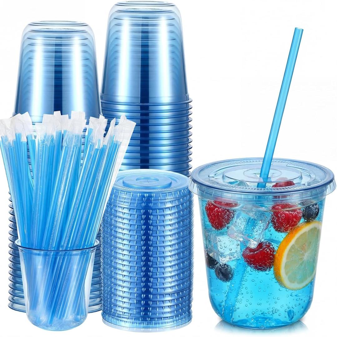 Ziliny 50 Sets Clear Round Bottom Plastic Cups with Lids and Straws, Cute Disposable Drinking Coffee Cups, for Christmas Valentine's Galentine's Day Party Wedding Birthday Supplies (12oz,Blue)