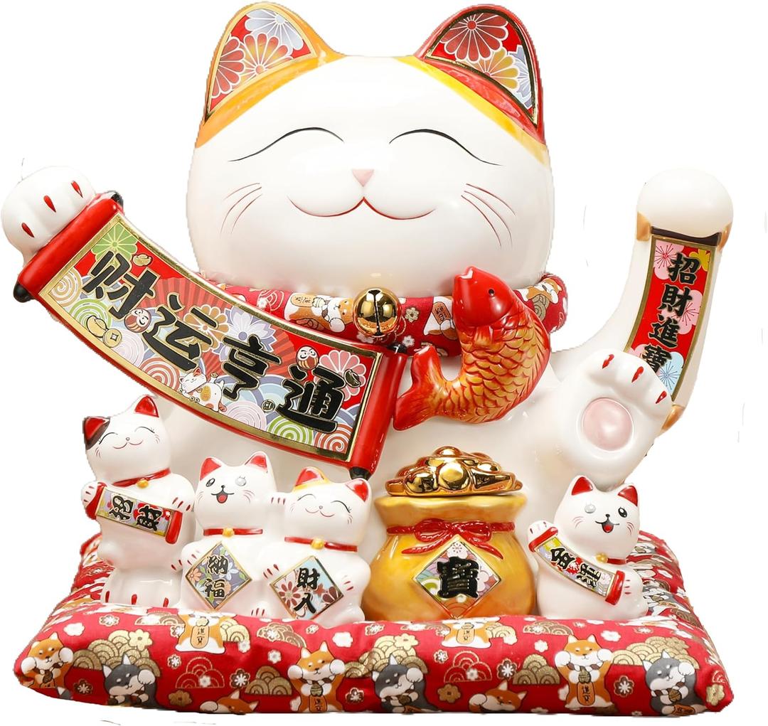 Chinese Lucky Statue Cat -Chinese Ceramic Waving Arm Fortune Cat, Japanese Money Cat, Large Moving Arm Good Luck Cat for Home, Office, Store Decor (Ys14#)