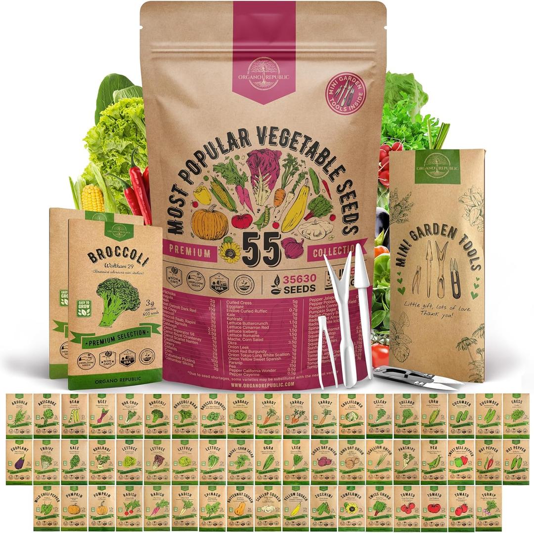 55 Vegetable Seeds Variety Pack - 35,600+ Non-GMO Heirloom Seeds for Planting Vegetables and Fruits in Individual Seed Packets, Home Garden Seeds for Hydroponic, Indoor and Outdoors Gardening (EXP 08/18/26)
