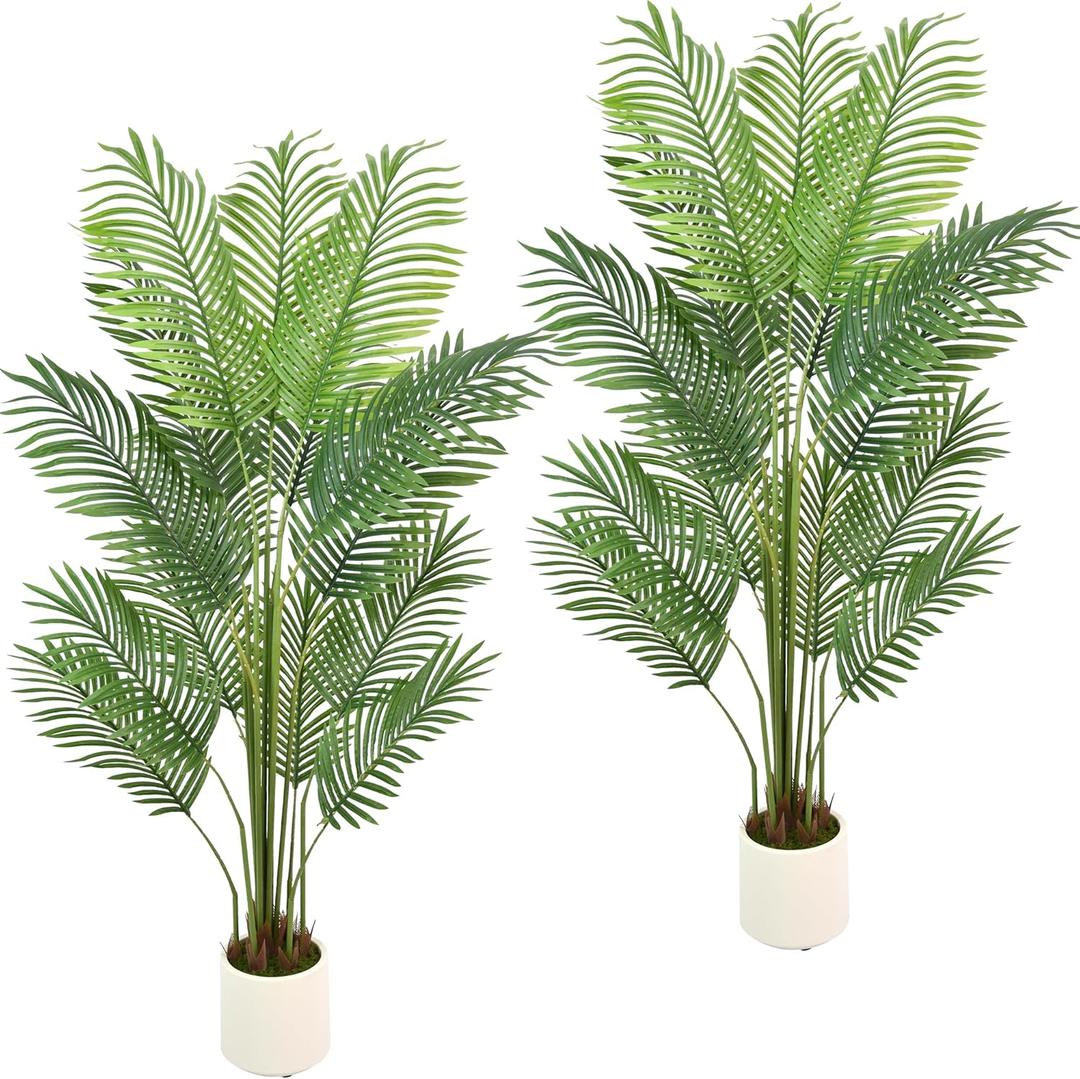 Artificial Palm Tree 5FT 2PCS with 15 Leaves & White Planter Faux Green Tropical Areca Palm Fake Floor Realistic Plants for Indoor Outdoor Garden Landscaping Decor Housewarming (5FT, 2Pack)