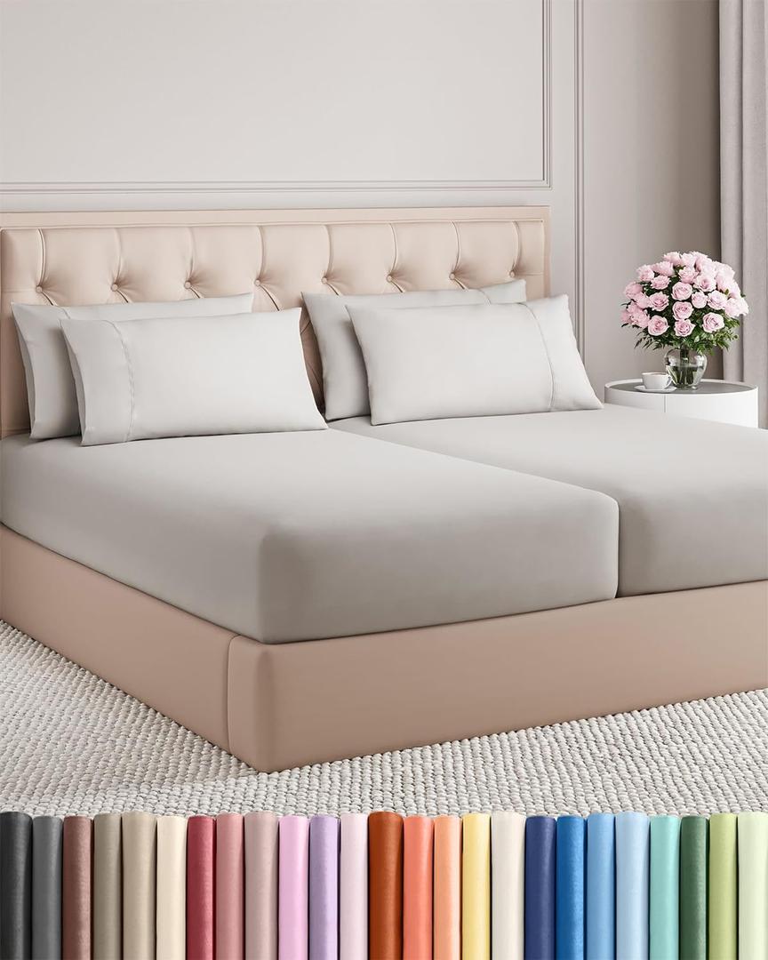 Split King 7 Piece Sheet Set - Cooling & Breathable Bed Sheets - Hotel Luxury Bed Sheets for Women, Men, Kids & Teens - Deep Pockets - Easy Fit - Soft & Wrinkle Free - Split King French Grey Sheets