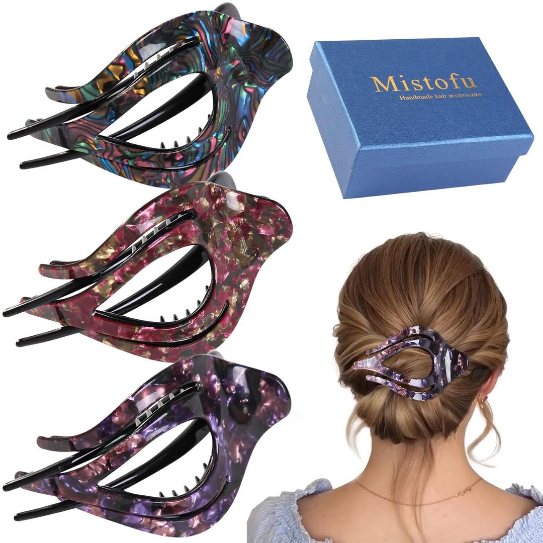 Mistofu 3Pcs French Concord Women's Hair Claw Clips - Curved Strong Hold No Slip Grip Large Clips for Thick or Thin Hair (multicolor A)