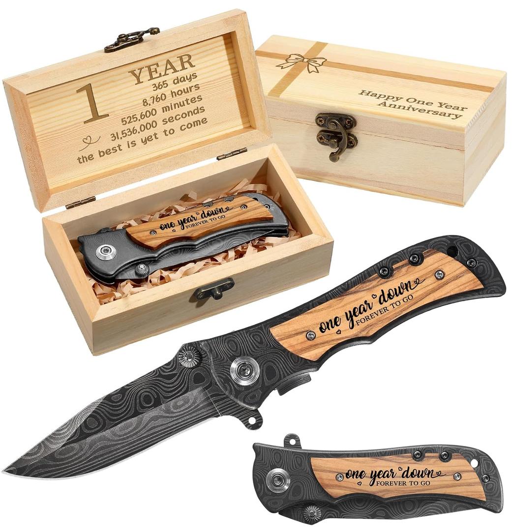 1 Year Anniversary Keepsake Gifts for Him Happy One Year Paper Wedding Anniversary Presents Engraved Pocket Knife with Wood Box Valentine's Day Wedding Birthday Gifts for Men Husband