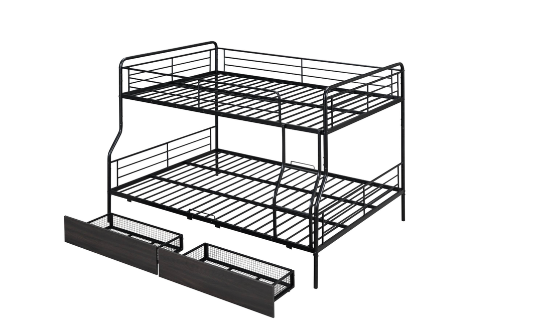 Full XL Over Queen Metal Bunk Bed with 2 Drawers, Black